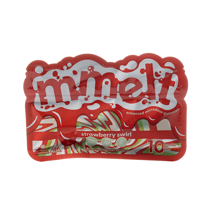 Red and white packaging of 'minelf' island berry twist gummies on a white background, mmelt microdose gummies, strawberry kiwi gummies, mmelt enhanced microdose gummies 10 gummies per pack. strawberry kiwi mmelt gummies, mmelt gummies strawberry kiwi