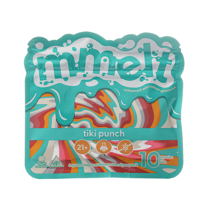 Mimely tiki punch gummy package with colorful design on a white background, mmelt microdose gummies, tiki punch gummies, mmelt enhanced microdose gummies 10 gummies per pack. tiki punch mmelt gummies, mmelt gummies tiki punch