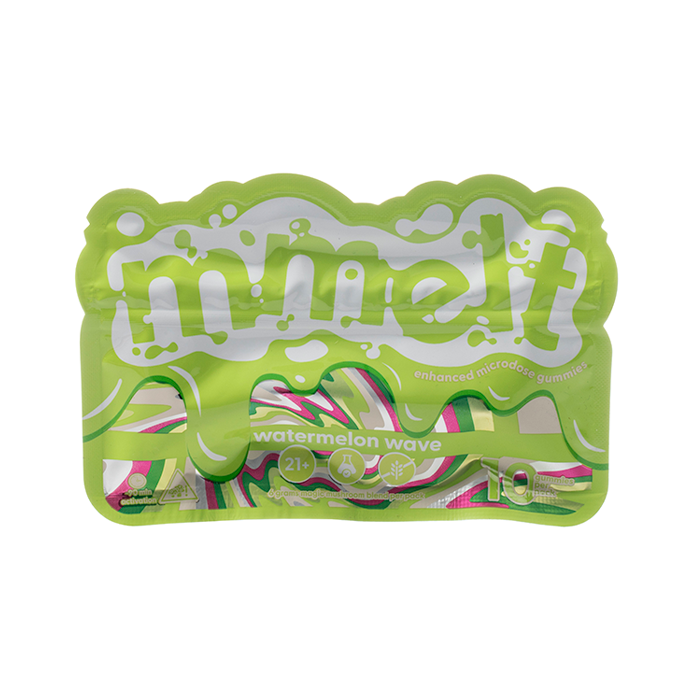 Green packaging of 'melt' with watermelon wave flavor on a white background, mmelt microdose gummies, watermelon wave gummies, mmelt enhanced microdose gummies 10 gummies per pack. watermelon wave mmelt gummies, mmelt gummies watemelon wave