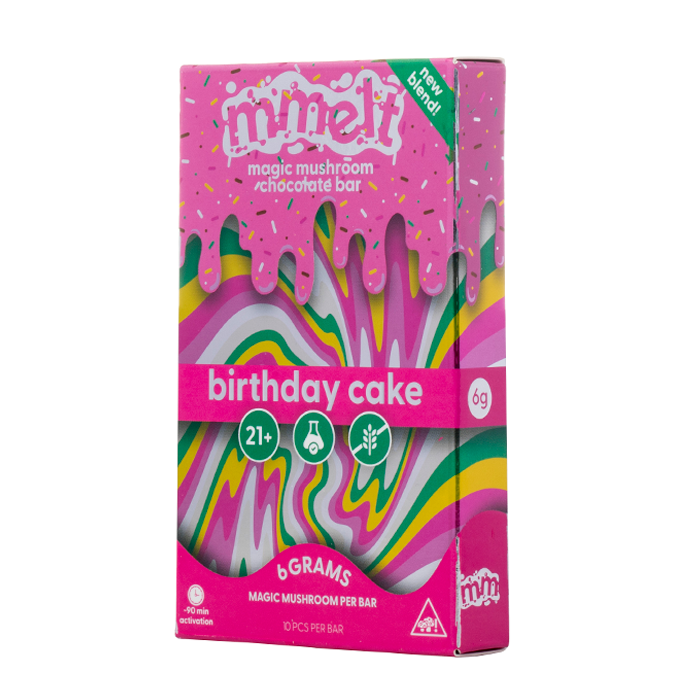 Chocolate bars and packaging with 'mmelt' branding on a white background, mmelt magic mushroom chocolate bar, magic mushroom chocolate bar mmelt, mmelt mushroom chocolate bar flavors, mmelt birthday cake magic mushroom chocolate bar, magic mushroom chocolate bar mmelt birthday cake