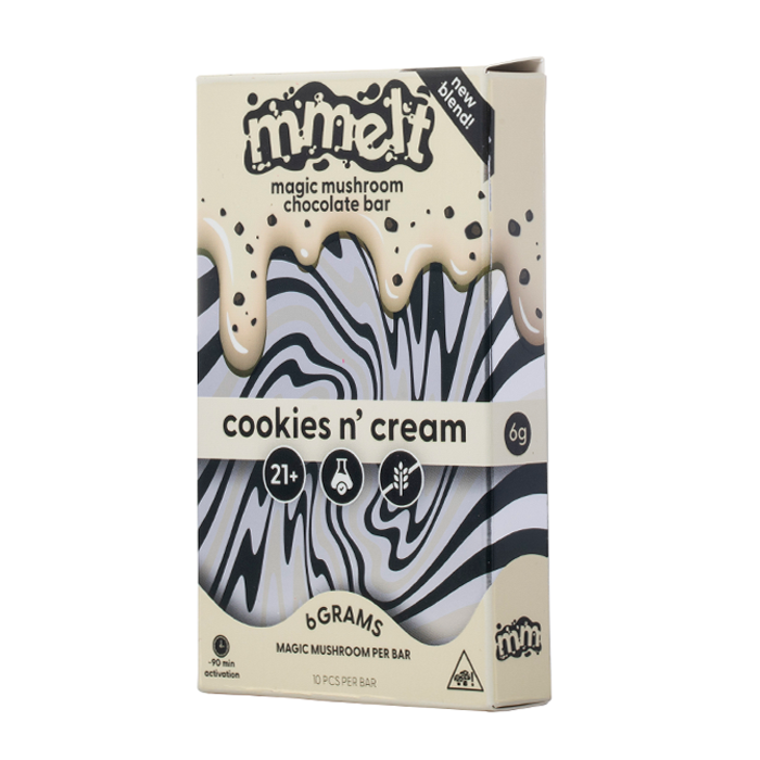 Chocolate bars and packaging with 'mmelt' branding on a white background, mmelt magic mushroom chocolate bar, magic mushroom chocolate bar mmelt, mmelt mushroom chocolate bar flavors, mmelt cookies and cream magic mushroom chocolate bar, magic mushroom chocolate bar mmelt cookies n cream