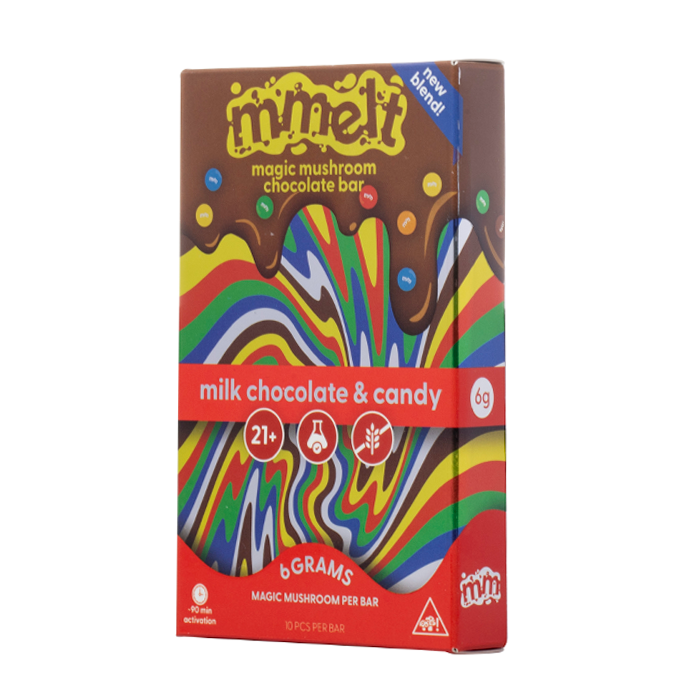 Chocolate bar packaging with colorful design and text on a white background, Chocolate bars and packaging with 'mmelt' branding on a white background, mmelt magic mushroom chocolate bar, magic mushroom chocolate bar mmelt, mmelt mushroom chocolate bar flavors, mmelt milk chocolate and candy magic mushroom chocolate bar, magic mushroom chocolate bar mmelt milk chocolate and candy