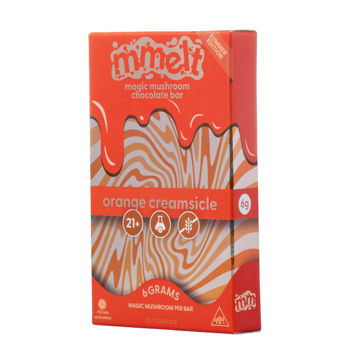 Orange creamsicle flavored chocolate bar packaging with 'mmelt' branding on a white background. Chocolate bars and packaging with 'mmelt' branding on a white background, mmelt magic mushroom chocolate bar, magic mushroom chocolate bar mmelt, mmelt mushroom chocolate bar flavors, mmelt orange creamsicle magic mushroom chocolate bar, magic mushroom chocolate bar mmelt orange creamsicle