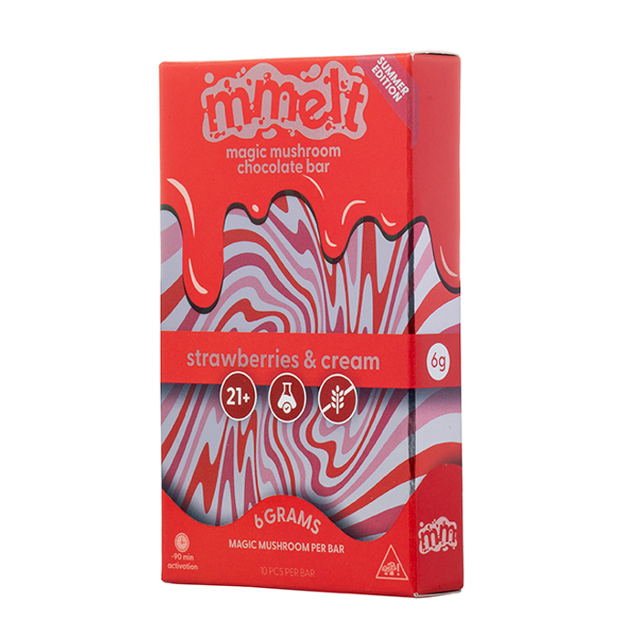 Red packaging of a 'mmelt' chocolate bar with strawberry and cream flavor on a white background, Chocolate bars and packaging with 'mmelt' branding on a white background, mmelt magic mushroom chocolate bar, magic mushroom chocolate bar mmelt, mmelt mushroom chocolate bar flavors, mmelt strawberries and cream magic mushroom chocolate bar, magic mushroom chocolate bar mmelt strawberries and cream
