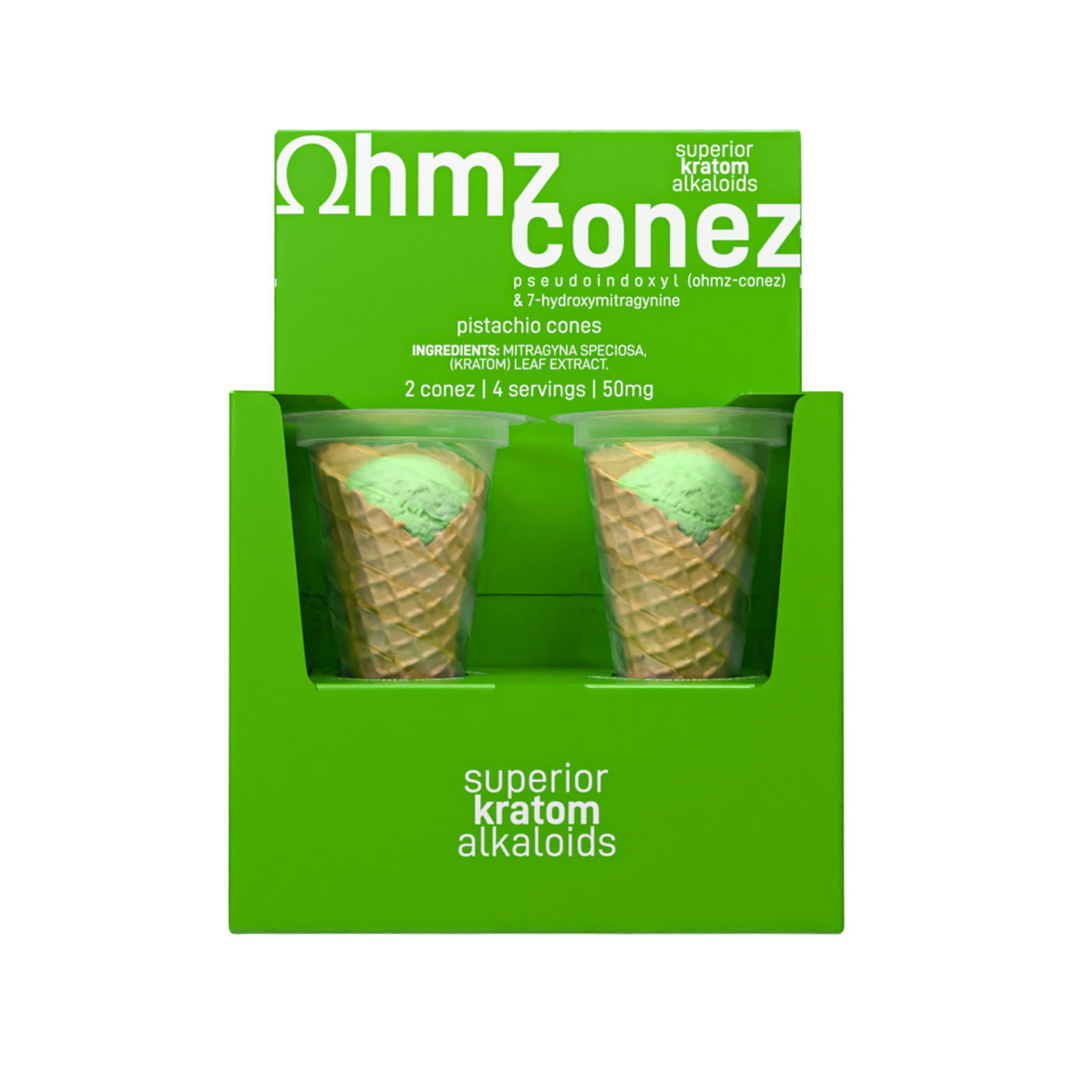 Doze Edibles packaging with two cones and product details on a white background, doze 7ohmz edibles, 7ohmz doze ice cream, 7ohmz doze edibles ice cream, pistachio cones 7ohmz conez