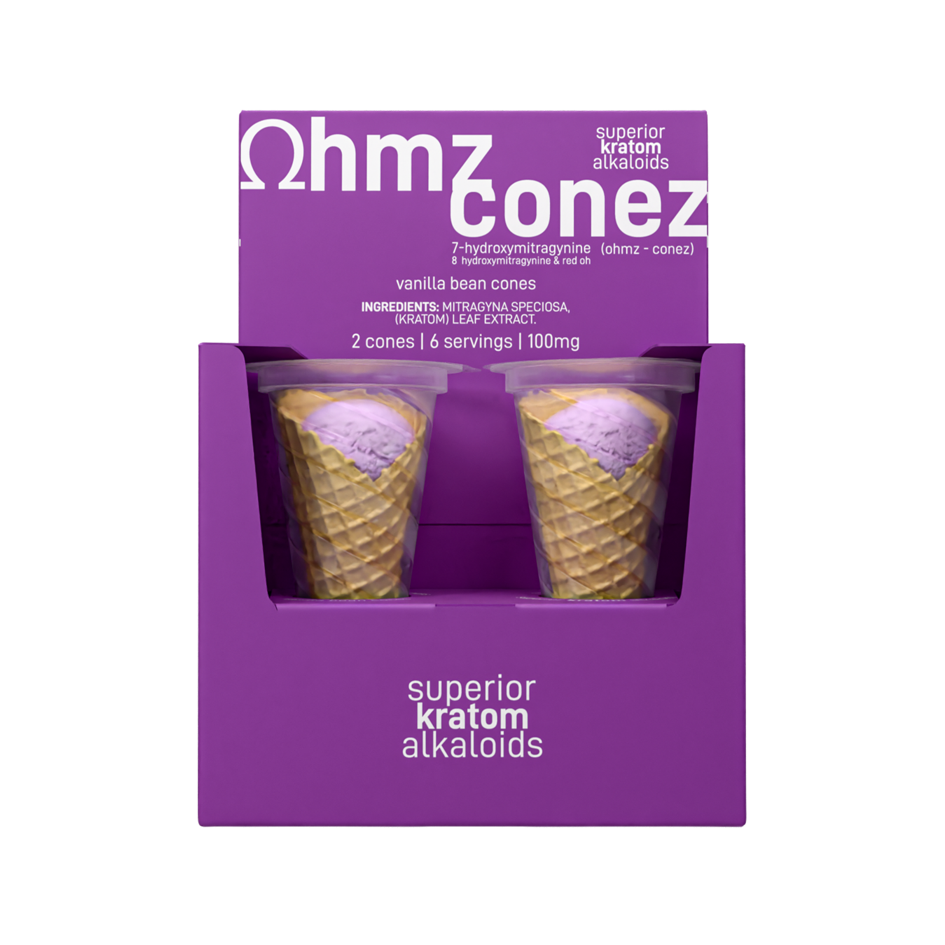 Doze Edibles packaging with two cones and product details on a white background, doze 7ohmz edibles, 7ohmz doze ice cream, 7ohmz doze edibles ice cream, 7ohmz conez vanilla bean cones, vanilla bean cones 7ohmz superior kratom alkaloids,