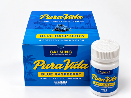 Pura Vida Calming Blue Raspberry bottle and packaging
