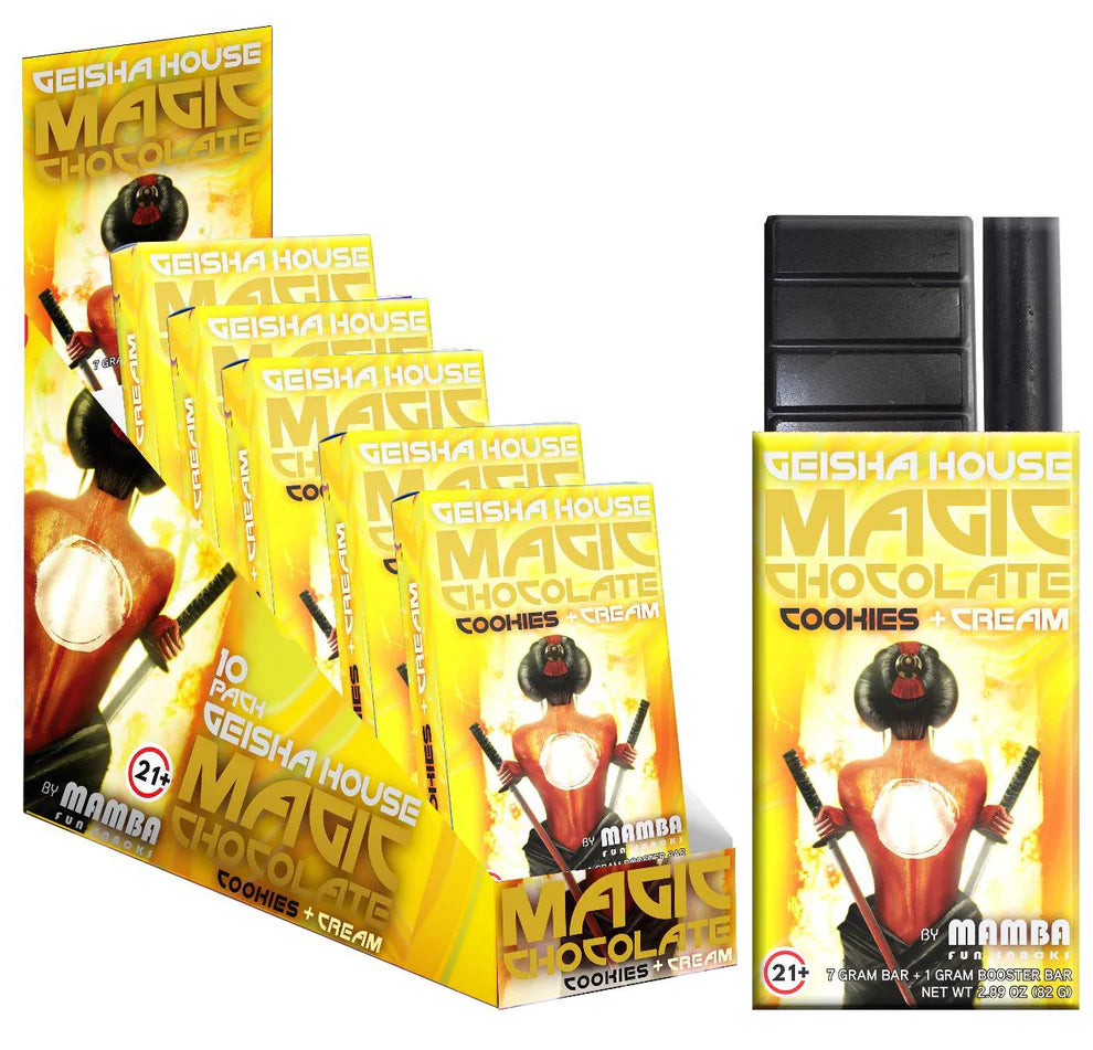 Geisha House Magic Chocolate packaging with a black chocolate bar on a white background, geisha house magic chocolate bar, geisha house magic mushroom bar, geisha house magic chocolate cookies + cream, cookies + cream geisha house chocolate bar
