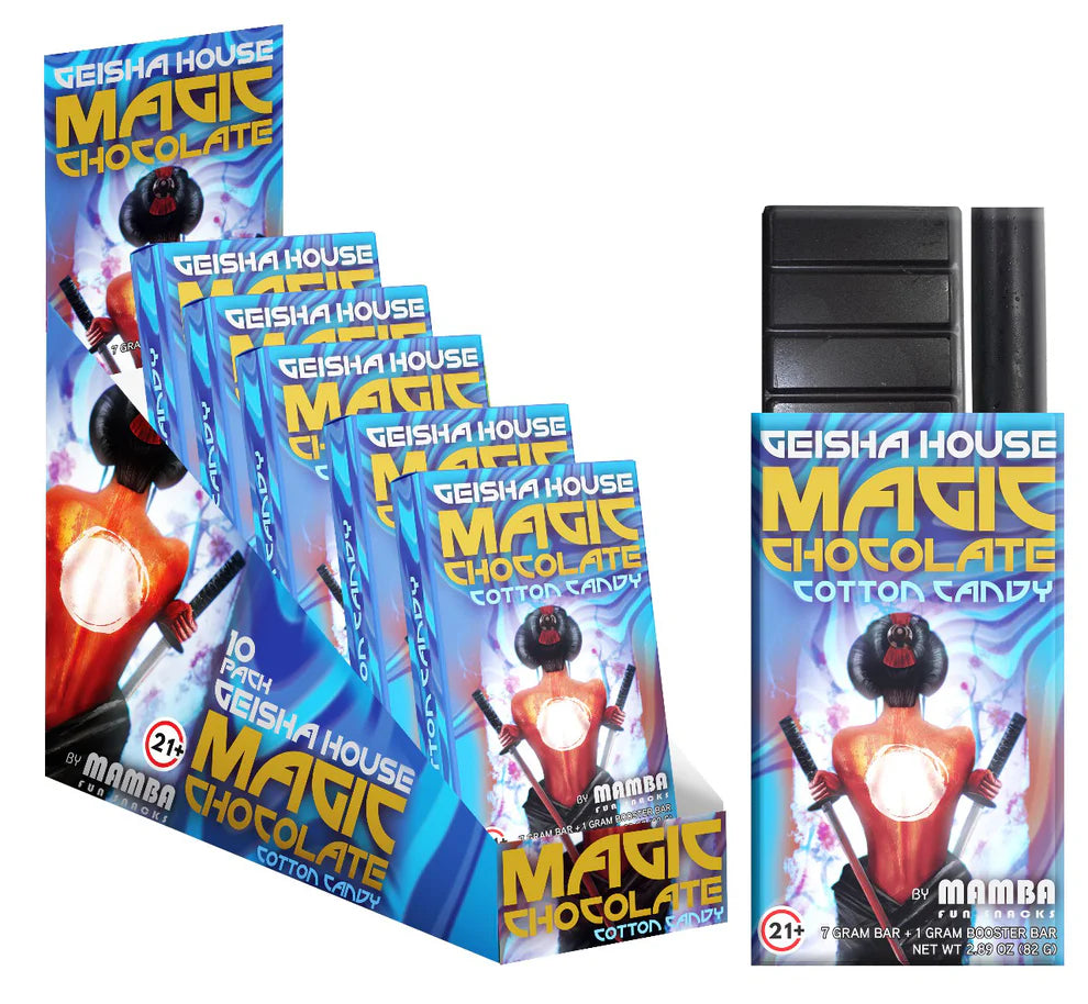 Geisha House Magic Chocolate packaging with colorful design on a white background, geisha house magic chocolate bar, geisha house magic mushroom bar, geisha house magic chocolate cotton candy, cotton candy geisha house chocolate bar