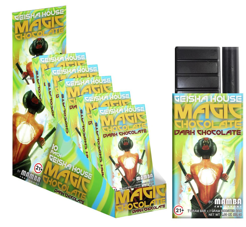 Geisha House Magic Chocolate packaging with a black vape device on a white background, geisha house magic chocolate bar, geisha house magic mushroom bar, geisha house magic chocolate dark chocolate, dark chocolate geisha house chocolate bar