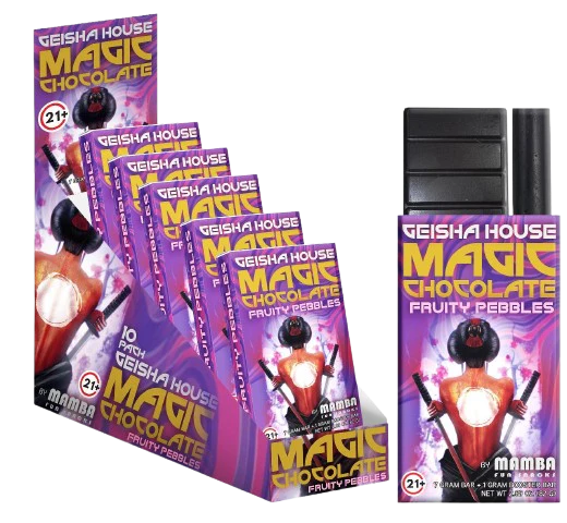 Geisha House Magic Chocolate Fruity Pebbles packaging on a white background, geisha house magic chocolate bar, geisha house magic mushroom bar, geisha house magic chocolate fruity pebbles, fruity pebbles geisha house chocolate bar