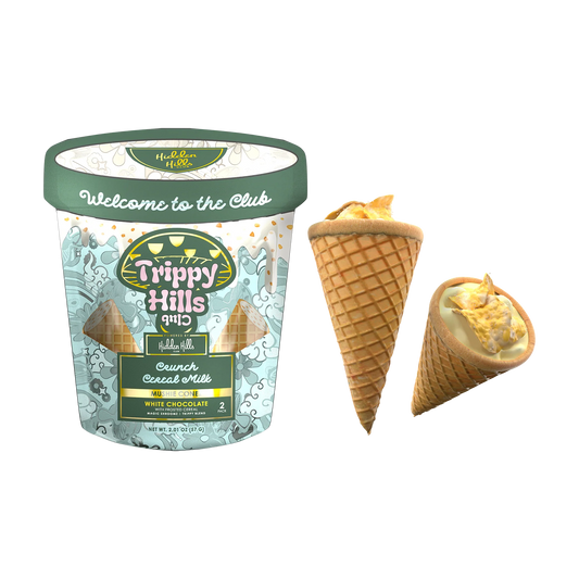 Trippy Hills ice cream container with two cones on a white background, trippy hills club, hidden hills trippy hills, hidden hills mushie cone, hidden hills mushie cone crunch cereal milk, crunch cereal milk hidden hills trippy hills mushie cone