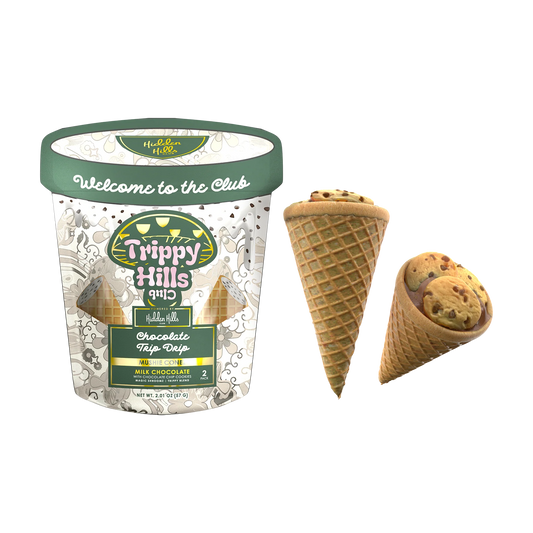 Trippy Hills ice cream container with two cones on a white background, trippy hills club, hidden hills trippy hills, hidden hills mushie cone, hidden hills mushie cone chocolate trip drip, chocolate trip drip hidden hills trippy hills mushie cone