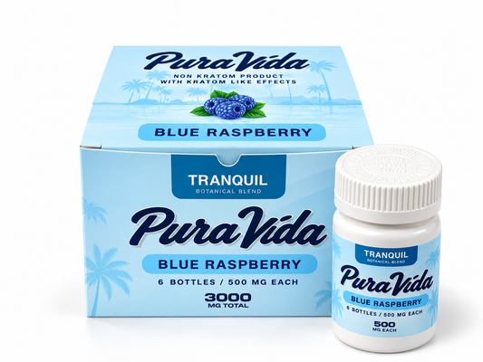 Pura Vida Tranquil Blue Raspberry bottle and packaging