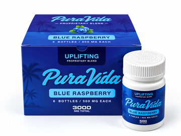 Pura Vida Uplifting Blue Raspberry bottle and packaging