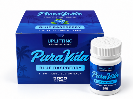 Pura Vida Uplifting Blue Raspberry bottle and packaging