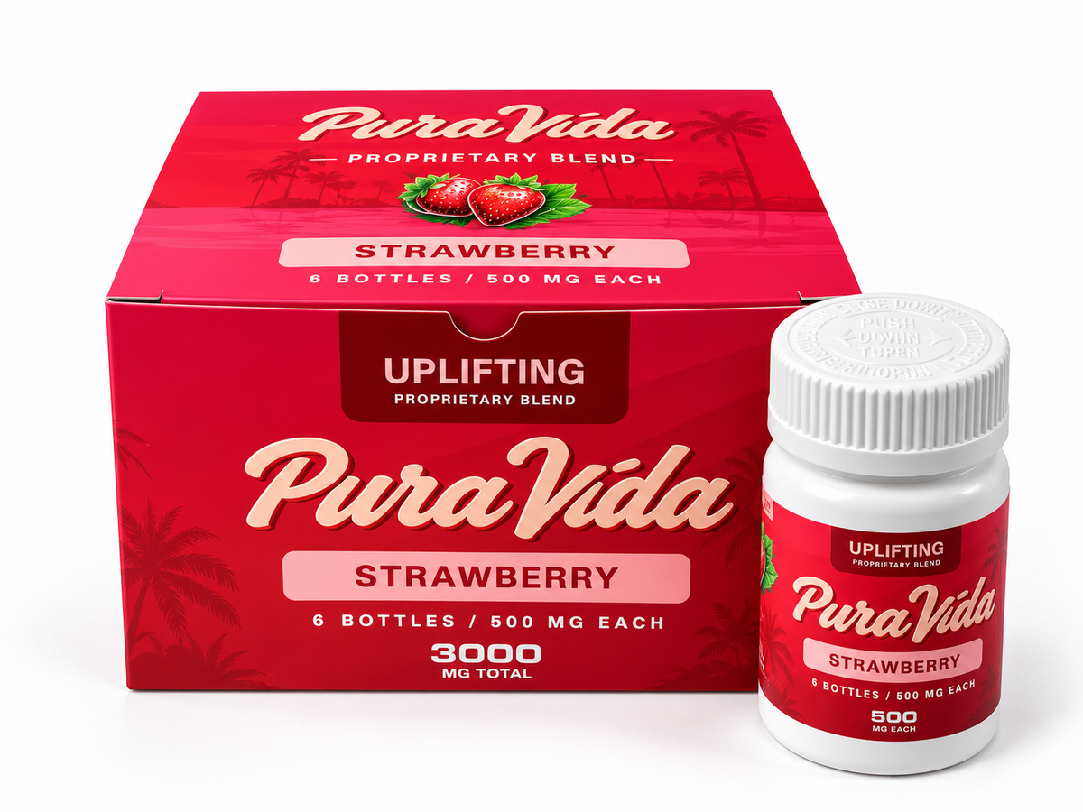 Pura Vida Uplifting Strawberry bottle and packaging